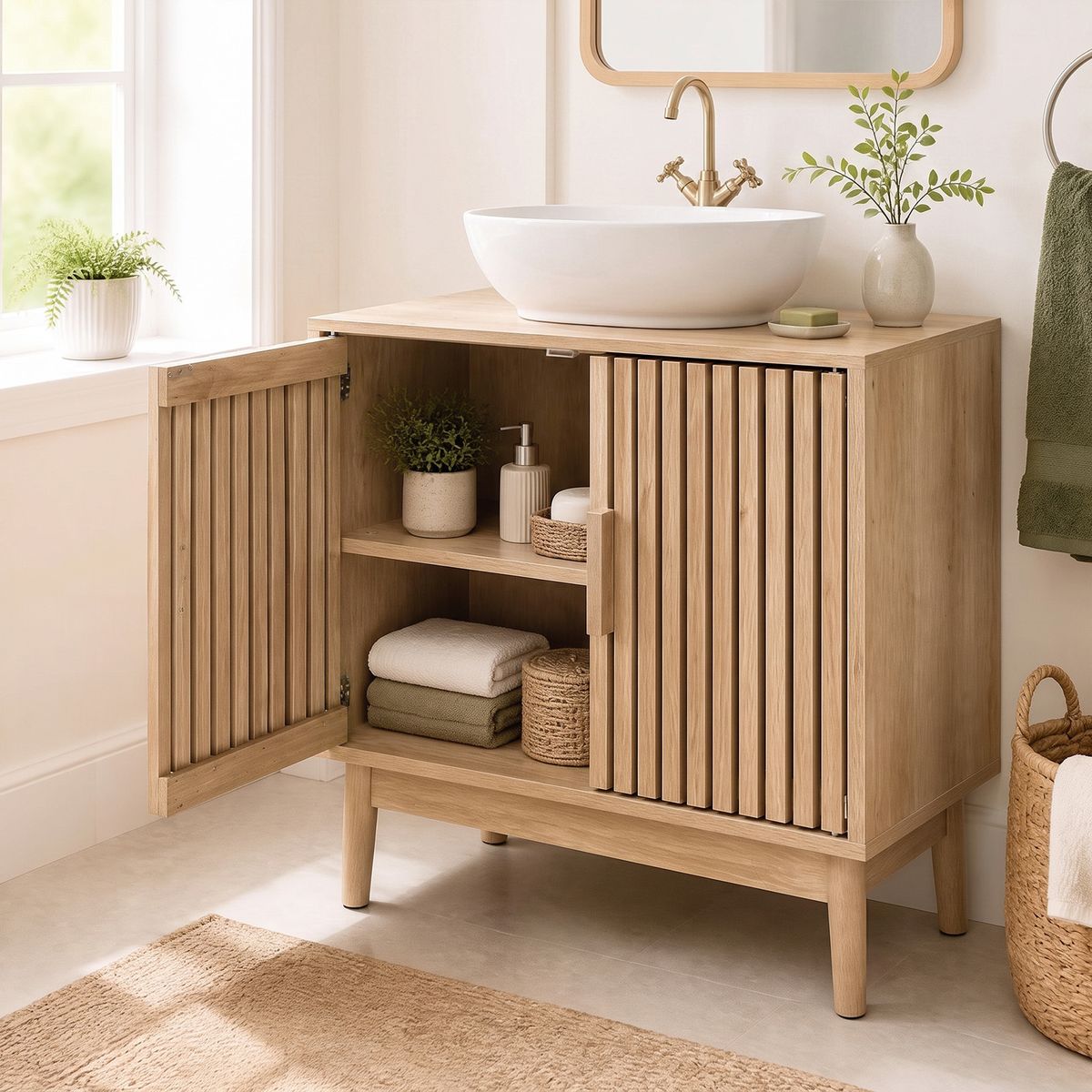 Coast Badezimmerschrank, Waschtischunterschrank – 2 Lamellentüren – Beine aus Kiefernholz – natur – 60 x 30 x 70 cm