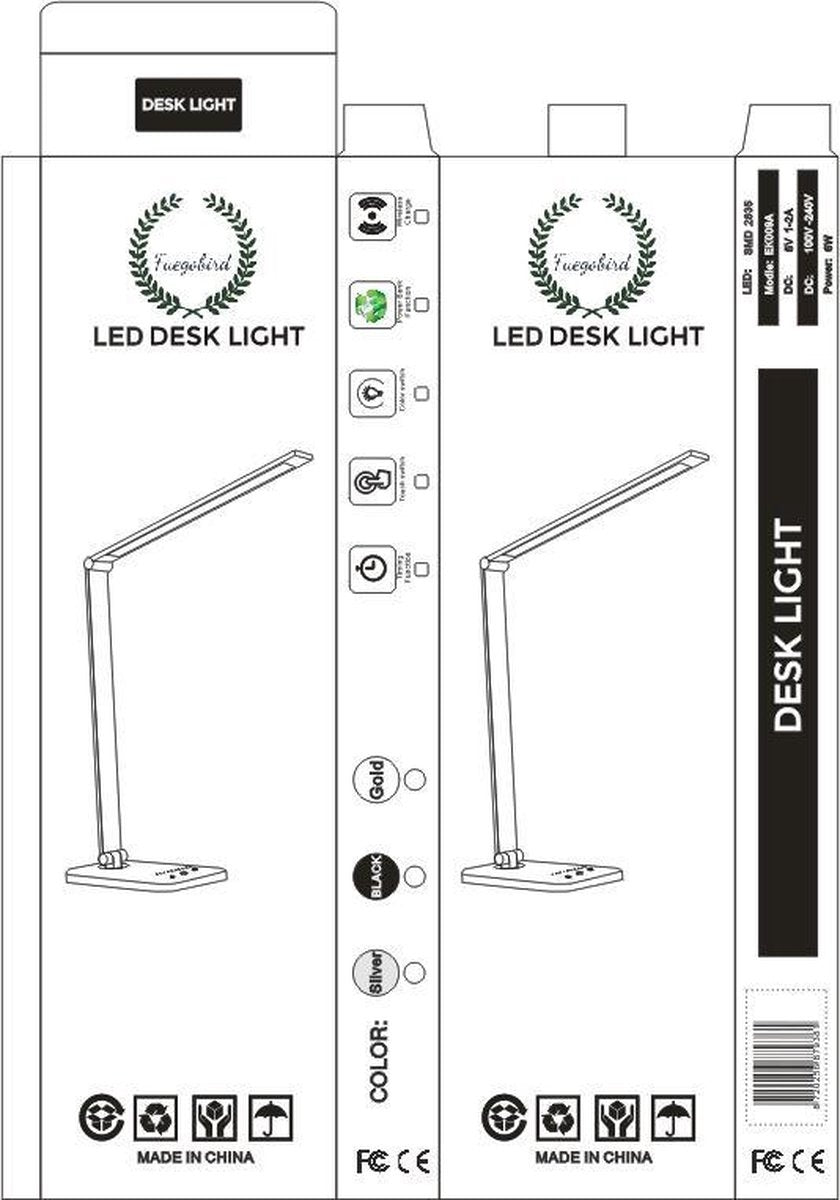 Fuegobird EK009 LED-Schreibtischlampe - kabelgebunden - kabelloses Laden für Telefon - dimmbar - klappbar - Smart Touch - Qi-Technologie - Schwarz