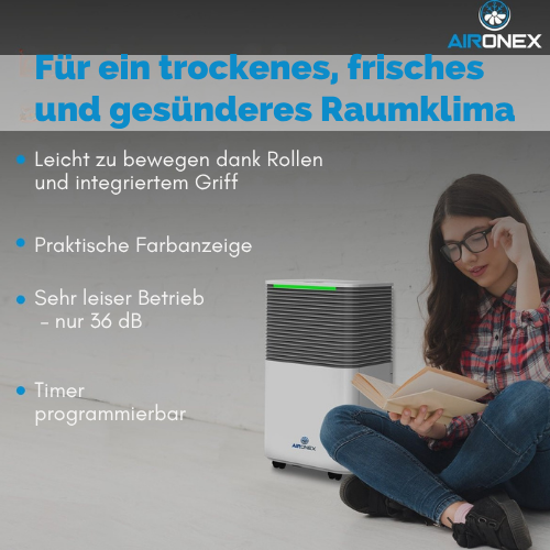 Aironex Luftentfeuchter LO12 – 12 L/Tag – Bis 25 m² – Leise 36 dB – Weiß