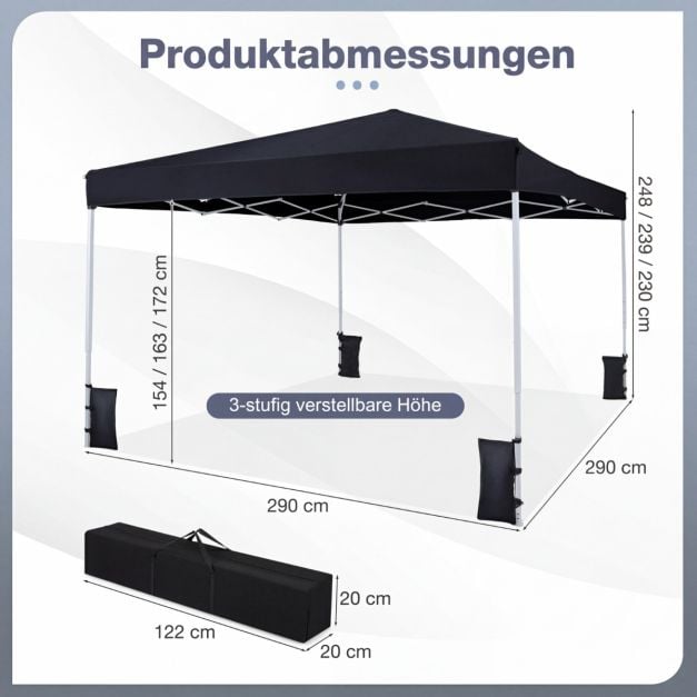 Coast Pop-Up-Partyzelt 290 × 290 cm – Zusammenklappbarer Pavillon mit 3 Höhenstufen, Tragetasche, Abspannleinen und Heringe – Schwarz