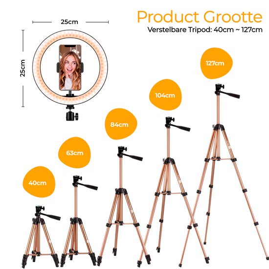 Studio ME Ringleuchte mit Stativ - 10 inch / 26 cm - Ringleuchte - Rose Gold - Tiktok Lampe - Ringleuchte mit Stativ - 30 Lichtstufen - Ringleuchte - inkl. Fernbedienung & Mini-Stativ - Ringleuchten