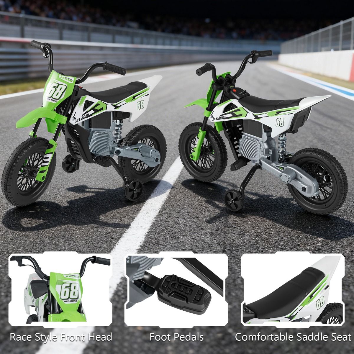 Coast Elektrisches Kindermotorrad – Musik und Bluetooth – abnehmbare Stützräder – grün