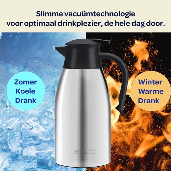 Ceruzo Thermoskanne aus Edelstahl - 1,8 Liter - Doppelwandig - Auslaufsicher - Heiße und kalte Getränke - 28x13 cm