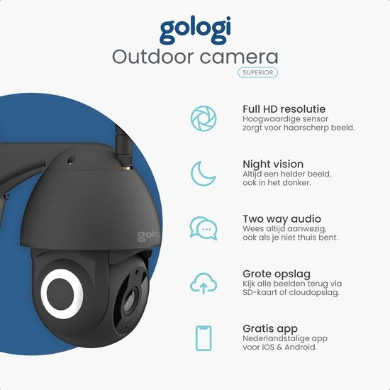 Gologi Superior Außenkamera - Mit Nachtsicht - Sicherheitskamera - 3MP - Mit Wifi und App - Schwarz