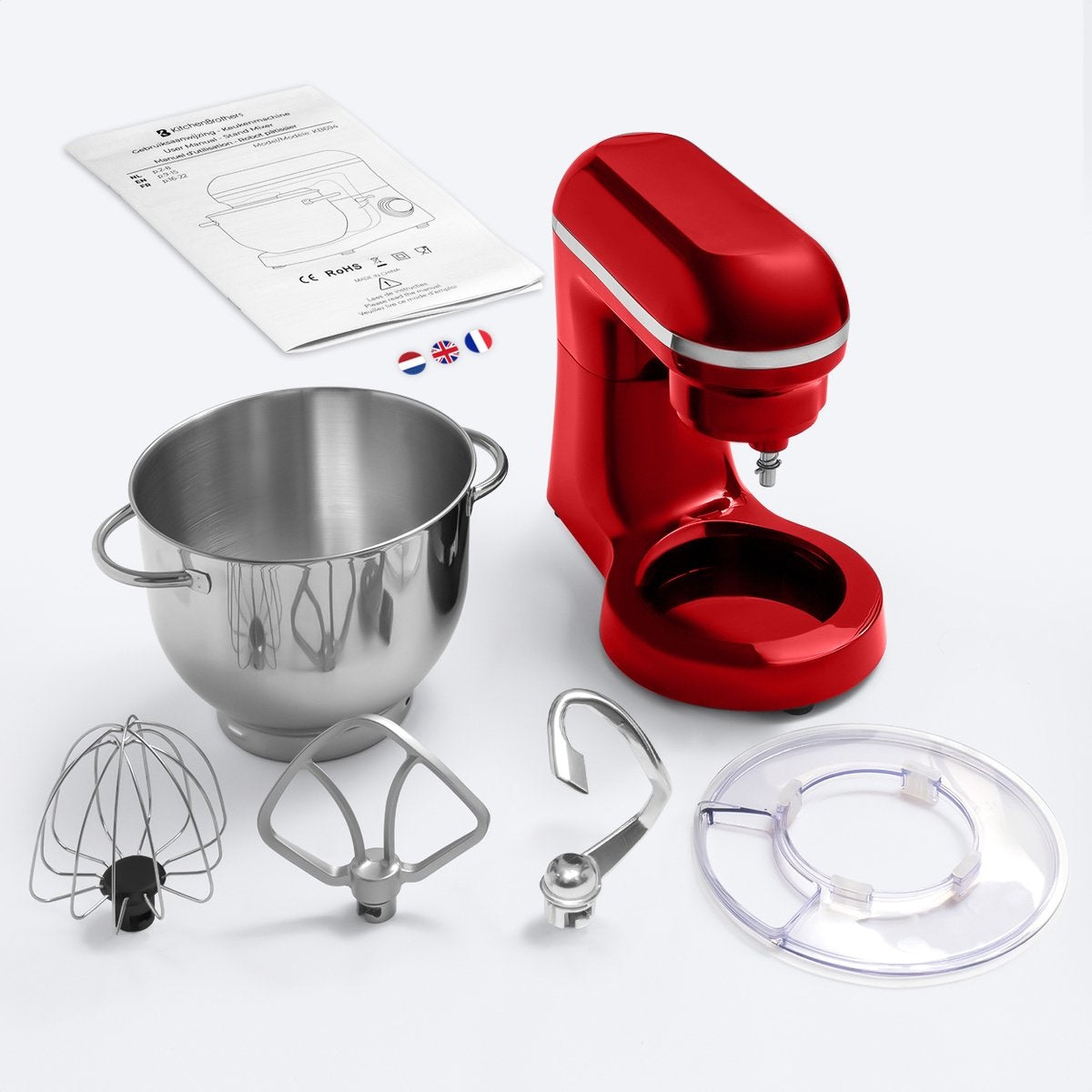 KitchenBrothers Küchenmaschine - Küchenmixer mit 6L-Edelstahl-Mixschüssel - Küchenroboter - 1400W - Rot