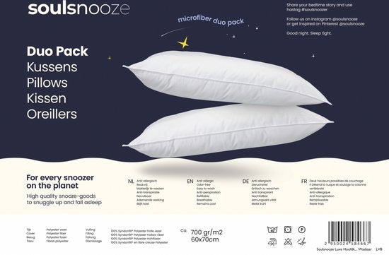 Soulsnooze - Luxus Hotel Qualität Kissen - 2er Set - Weiß - Medium - 60x70 cm - Verstellbares Design - Schlafzimmer Kissen - Anti Allergie - Waschbar