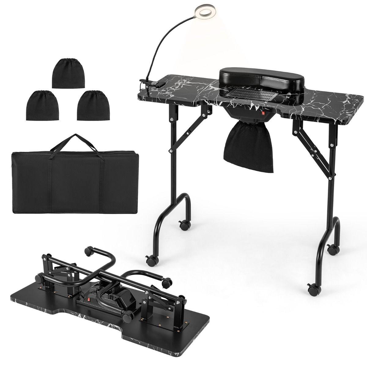 Coast Faltbarer professioneller Manikürtisch - 90 x 40 x 77 cm, Schwarz (Elektrische Staubabsaugung, LED-Lampe, Handgelenkkissen, Tragetasche)