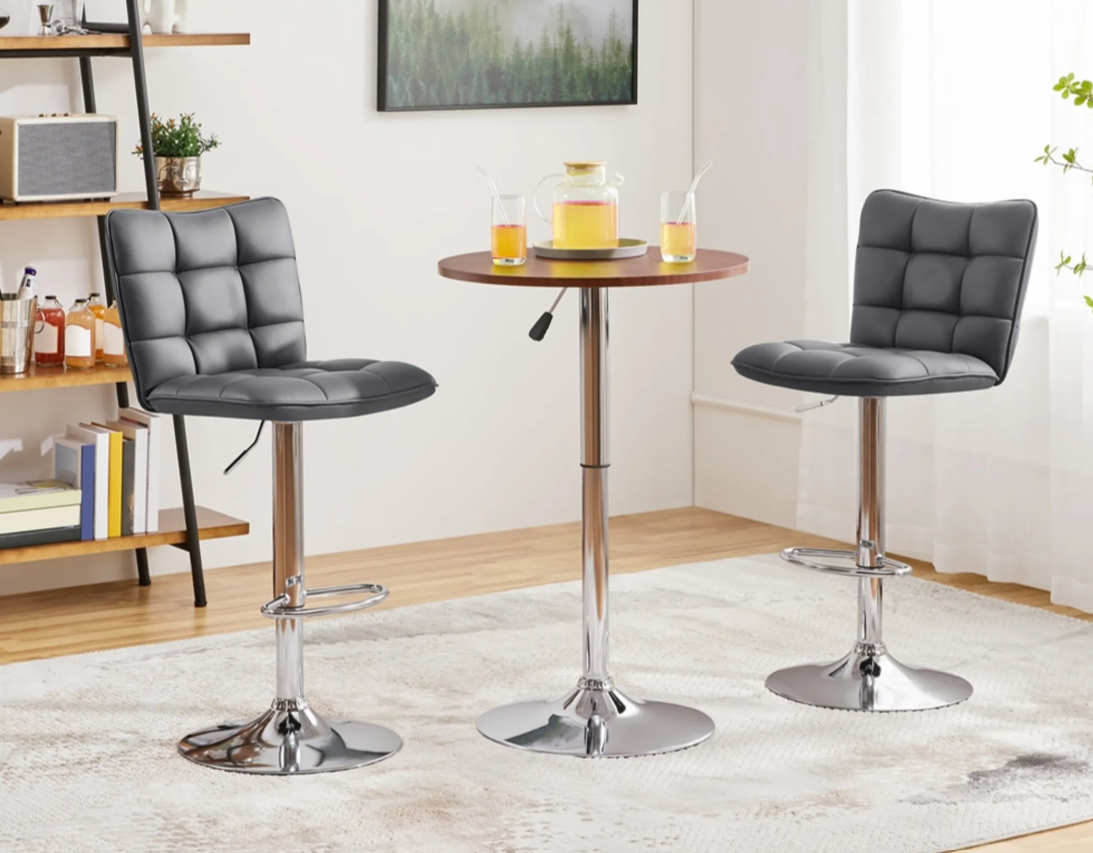 Yaheetech Barhocker, 2er-Set – Grau – Höhenverstellbar 62,5–83 cm – Drehbar, mit Rückenlehne und Fußstütze