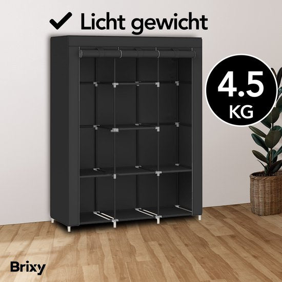Brixy Wardrobe - Kleiderschrank - XXL - Kleiderschrank faltbar - 175 x 170 x 45cm - Campinggarderobe - Faltbarer Kleiderschrank aus Stoff - Schwarz