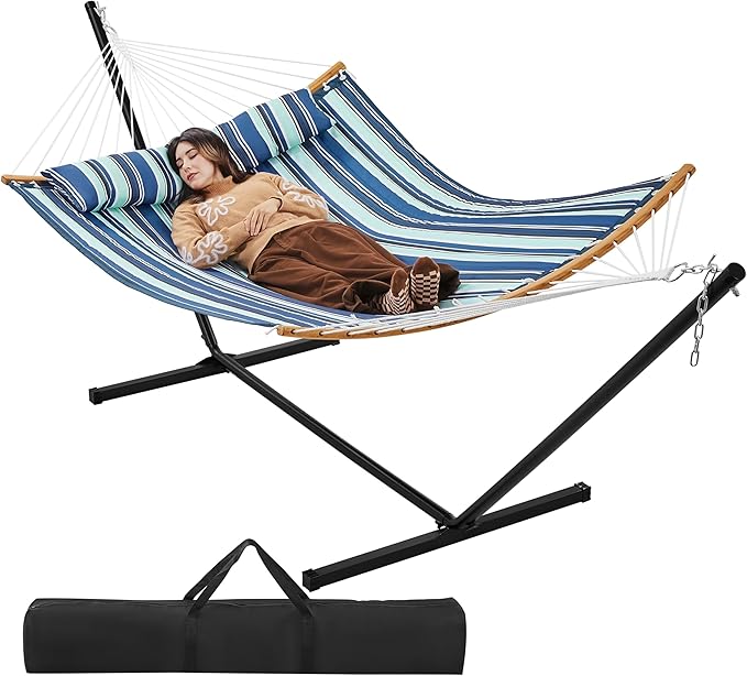 Yaheetech XXL-Hängematte mit Ständer – blau gestreift – verstellbare 2-Personen-Hängematte mit Kissen und Tragetasche