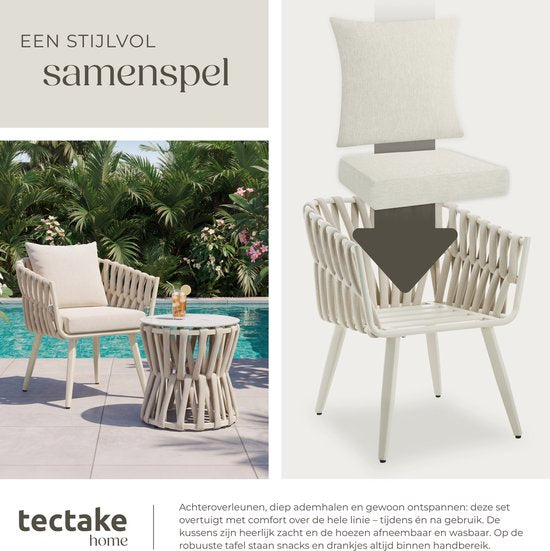 tectake® Gartenset Lugano – Gartenstuhl – Liegestuhl mit Beistelltisch – Gartenstuhl im Seil-Design mit Aluminiumgestell – Garten-Sessel mit dicken Kissen – Lounge-Set für Garten oder Balkon - Terrassenstuhl – UV- und witterungsbeständig – Beige