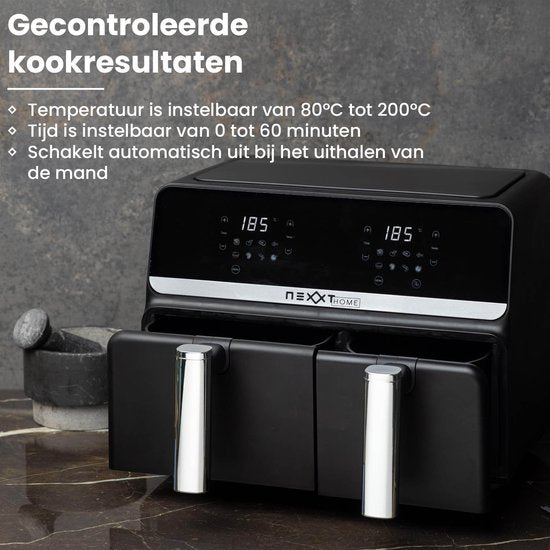 Nexxt Digital Double Airfryer XXL - Heißluftfritteuse mit Touchscreen - Fassungsvermögen 5,5 + 3,5 Liter - 8 Kochprogramme - Schwarz