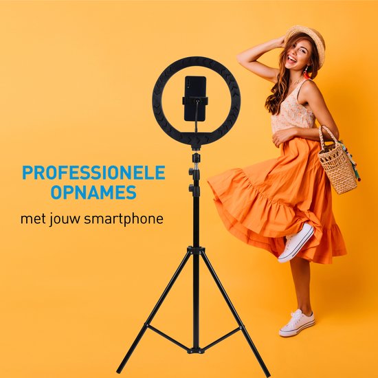 Grundig Ringlampe mit Stativ – Verstellbare Ringlampe bis zu 195 cm – TikTok-Lampe mit Handyhalterung – Selfie-Ringlampe – Ringlampe mit 3 Lichtmodi – Make-up-Lampe