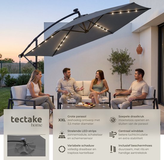 tectake® Schwebeschirm mit Sockel – 3,5 x 3,5 m – Gartenschirm mit solarbetriebener LED-Beleuchtung – schwenkbar – wasserabweisendes Polyester mit UV-Schutz – inklusive Schutzhülle – grau