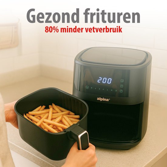 alpina Airfryer XL – Heißluftfritteuse 6 l – Air Fryer für 2 bis 5 Personen – Heißluftofen mit digitalem Touchscreen – Einstellbare Temperatur von 80 bis 200 Grad – Timer-Funktion – 8 Kochprogramme