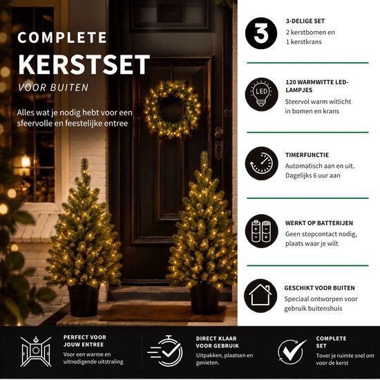 Black Box Trees Nagoya Weihnachtsbaum- und Weihnachtskranz-Set – 2 künstliche Weihnachtsbäume und 1 Kranz mit LED-Beleuchtung – H 90 x Ø 45 cm – Grün