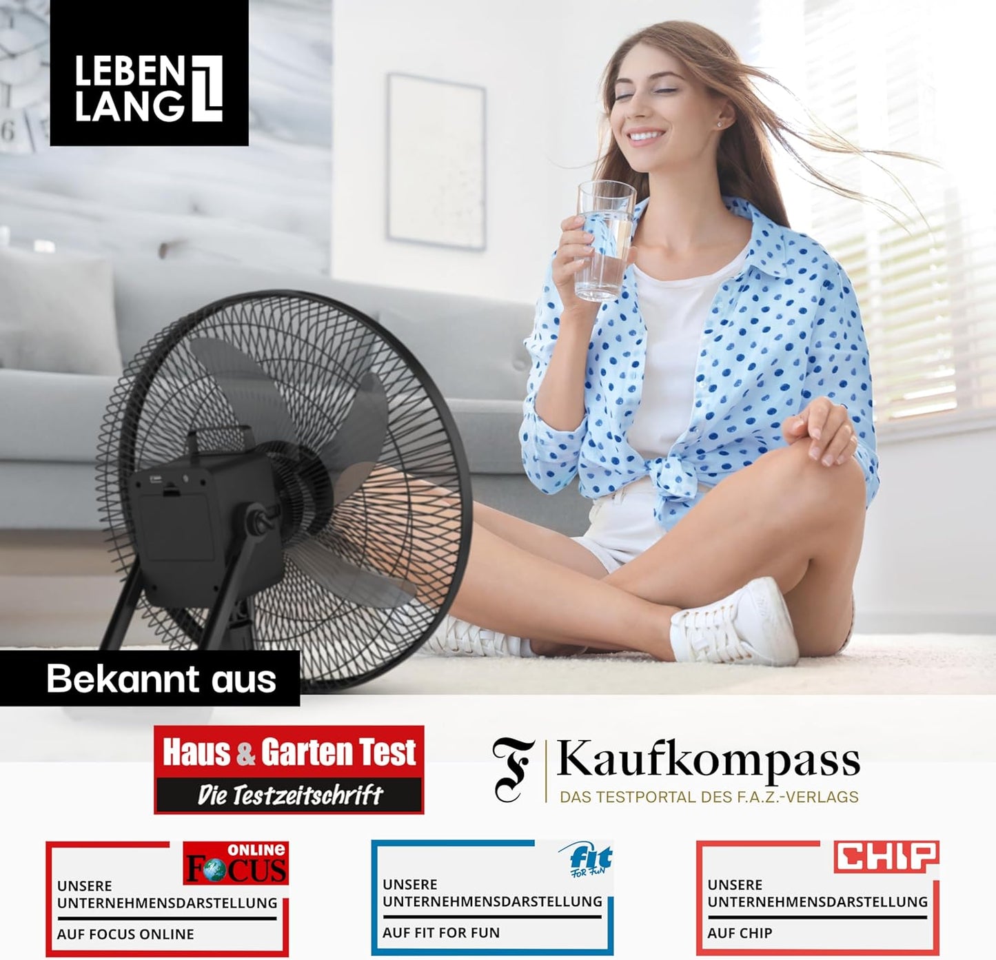 LEBENLANG Akku-Ventilator 35W - 3600 mAh - bis zu 45 Stunden Betriebsdauer - Ø 30 cm - Höhe 80-115 cm - Schwarz - Tragbarer 5-in-1 Ventilator mit Fernbedienung