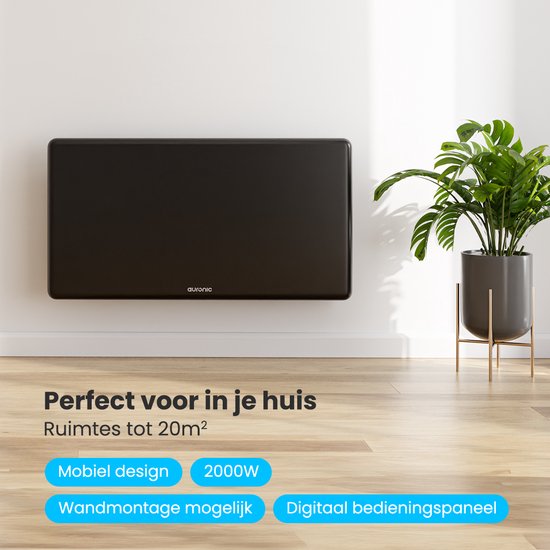 Auronic Konvektorheizung - 2000W - Elektroheizung - 3 Stufen - Metallheizkörper - Freistehend - Räder - Schwarz