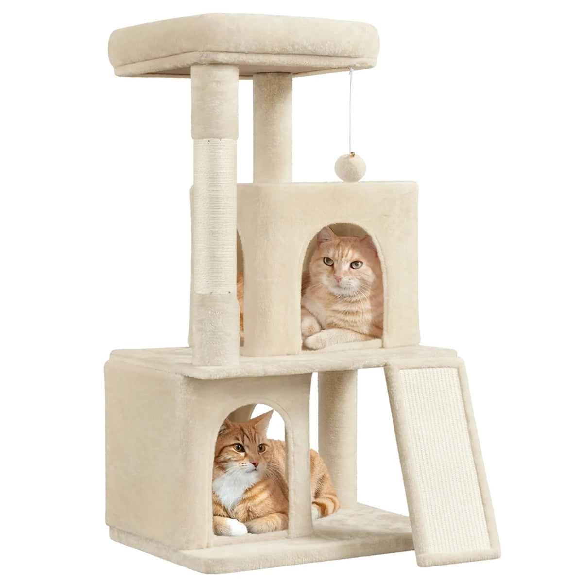 Yaheetech Katzenpfosten mit 2 Katzenhäusern - ausgestattet mit Sisalkratzbaum und Kratzbrett und Aussichtsplattform - für kleine und mittelgroße Katzen - beigefarbener Plüsch und Spanplatte - 60 x 45 x 106 cm