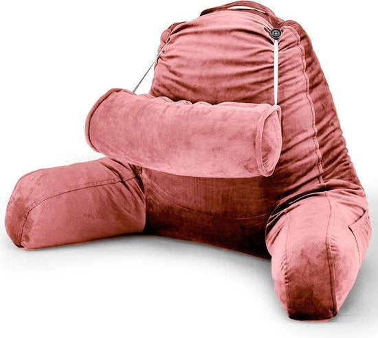EL Life Lesekissen mit Nackenrolle - Entspannungskissen - Sitzkissen - Stütze für den unteren Rücken - Faulenzer-Lesekissen - Samt korallenrosa