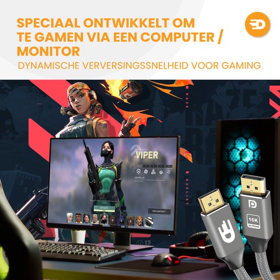 Drivv. DisplayPort-Kabel 2.1 - 16K 60Hz - 8K 120Hz - 4K 144Hz - 80Gbps - DisplayPort zu DisplayPort - DP-Kabel - 2 Meter - Grau