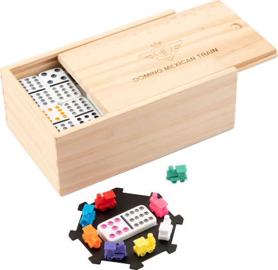 Domino Doppel 12 Mexican Train – 91 Steine mit farbigen Augen – Holzkiste mit Schiebedeckel – Inklusive Bahnhof und Züge – Strategisches Familienspiel – Engelhart