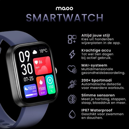 MAOO Smartwatch Damen und Herren - Valentinsgeschenk - Android und IOS - Volle Klingelfunktion - Schrittzähler - Herzfrequenzmesser - Blutdruckmesser - Multisport - GT Serie - Blau