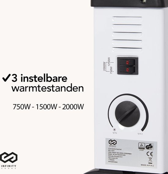 Infinity Goods Elektrischer Konvektor - 750 / 1500 / 2000W - Einstellbares Thermostat - Heizkörperheizung - Ãœberhitzungsschutz - 35mÂ² - Weiß/Schwarz