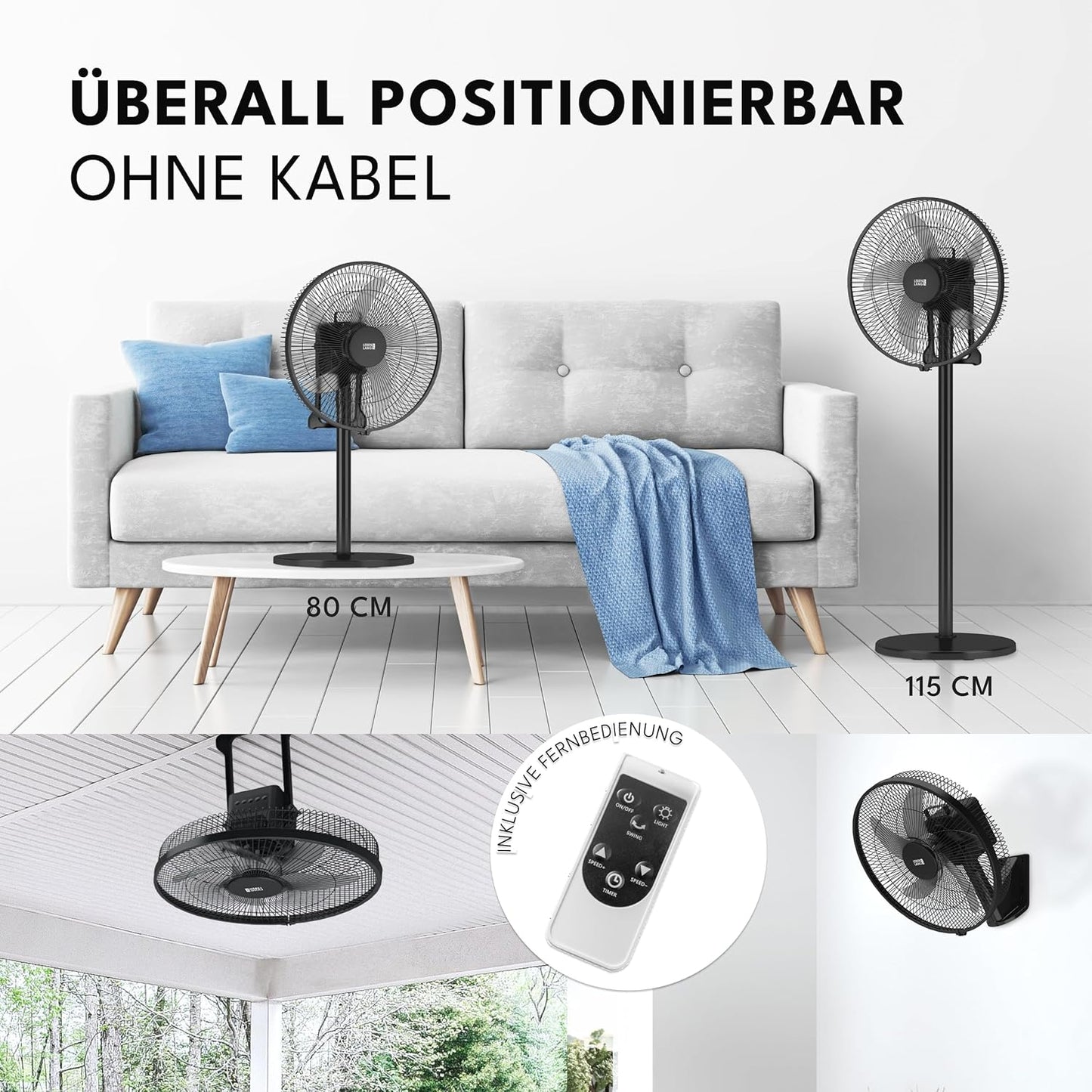 LEBENLANG Akku-Ventilator 35W - 3600 mAh - bis zu 45 Stunden Betriebsdauer - Ø 30 cm - Höhe 80-115 cm - Schwarz - Tragbarer 5-in-1 Ventilator mit Fernbedienung