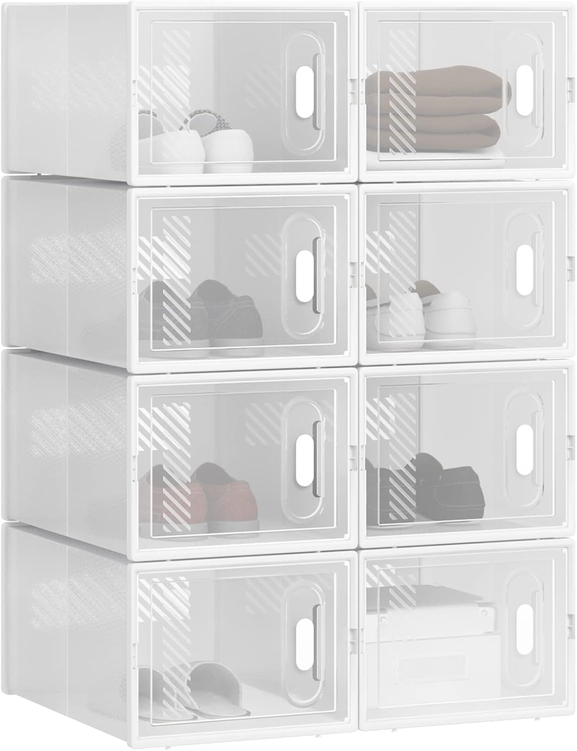 Woltu Schuhkartons, 8er-Set – Transparent-Weiß – Stapelbare Aufbewahrungsboxen mit Klappdeckel – Schuhaufbewahrung aus Kunststoff – 25 x 19 x 35 cm