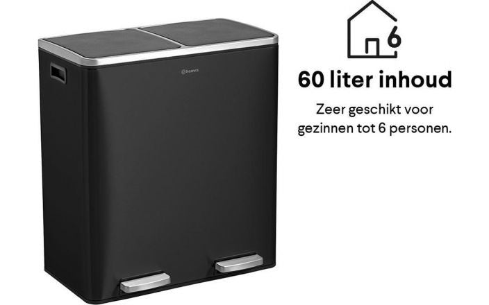 Homra QUICKX Duo - Mülleimer - Mülltrennung - 2 Fächer - Edelstahl - 60 Liter (2x30 L) - Schwarz