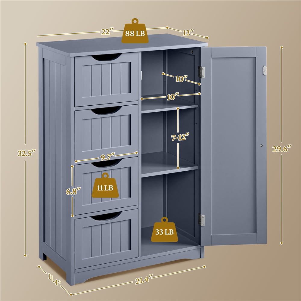 Yaheetech Badezimmerschrank mit 4 Schubladen – 55,9 x 30,5 x 82,6 cm – Grau