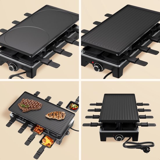 KitchenBrothers Gourmet Set - 1500W - Gourmetteller 8 Personen - Set mit Pfannen und Spateln - 46,5 x 23 cm - Schwarz