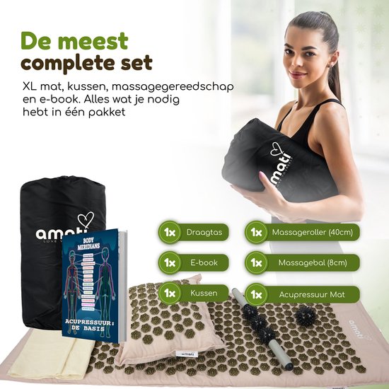 Amati Blue Lotus Nail Mat - mit Kissen - Massage Roller & Ball - Akupressur Matte - Shakti Mat - Beige
