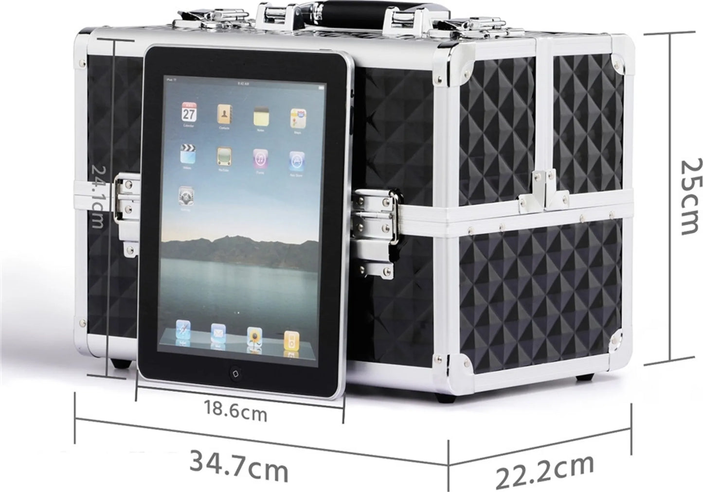 Yaheetech Schminkkoffer Beautycase - Mit 3 Schichten und verstellbaren Fächern und Schloss mit Schlüsseln - Für Kosmetiker und Friseure - Schwarzes Aluminium - 34,7 x 22,2 x 25 cm