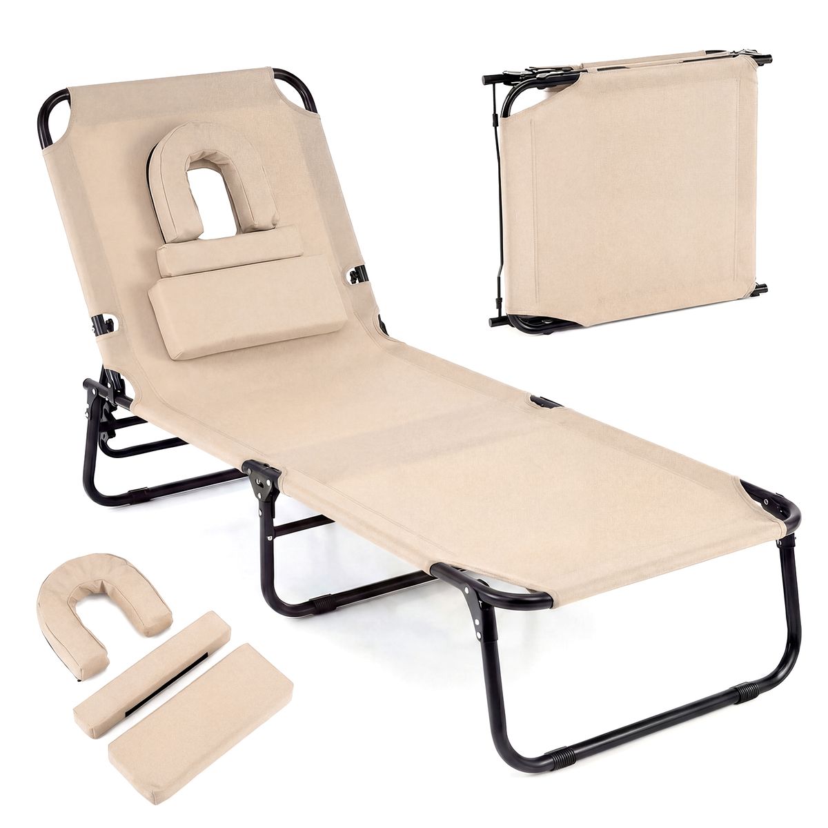 Coast Klappbarer Liegestuhl – 4-fach verstellbare Rückenlehne – Aussparung für den Kopf und 3 Kissen – Beige