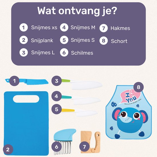 Qwali Blau Kindermesser Set - Sicher - Inkl. Schneidebrett - Kinder - Besteck - Messer Kind - Küche - Spielzeug