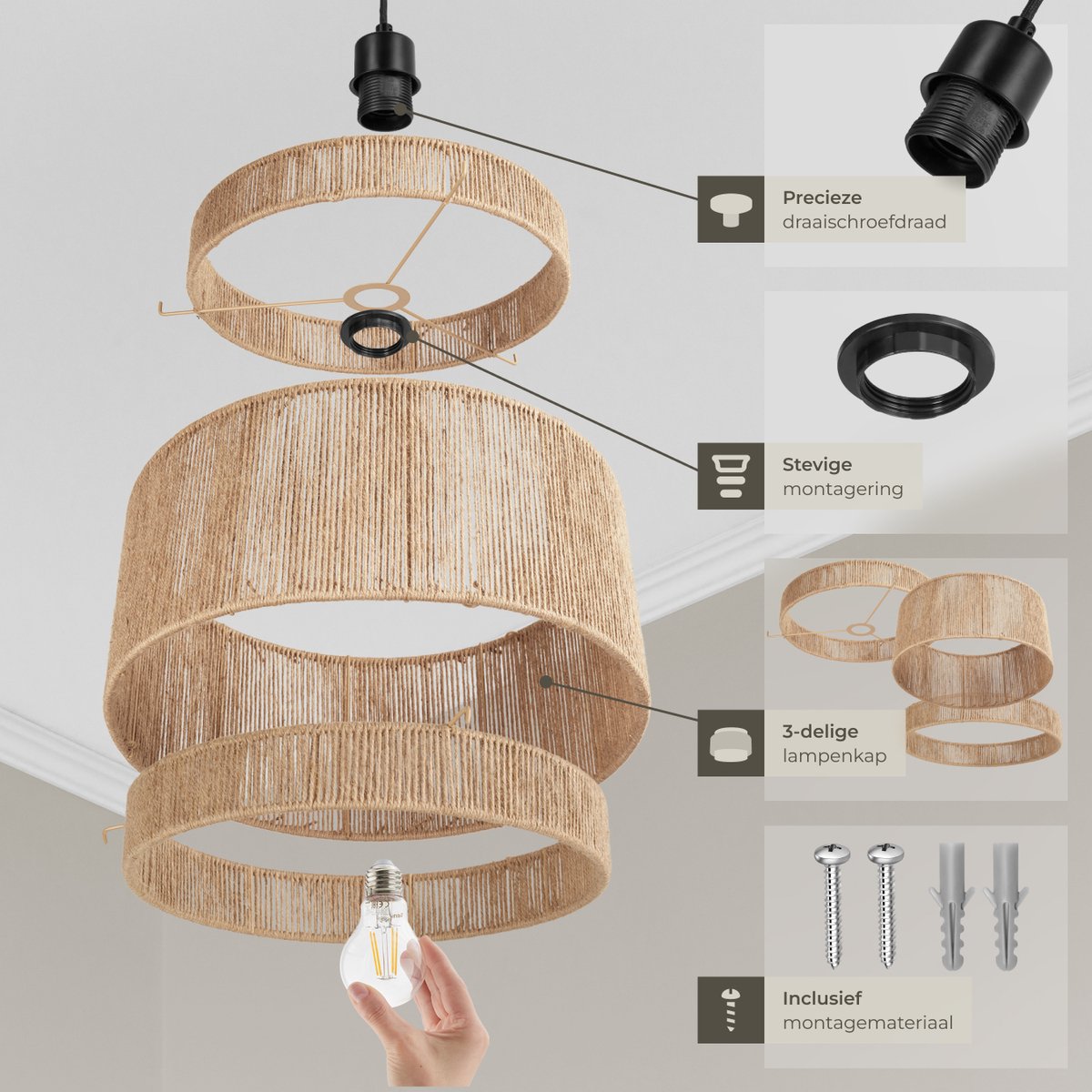 tectake® Deckenleuchte Lignea Lux - Boho Pendelleuchte - Jute Natur - Ø46 x 32 cm - 40W