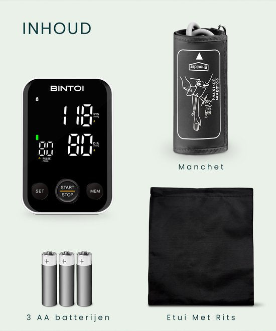 Bintoi® BX300 - Oberarm-Blutdruckmessgerät - Herzfrequenzmessgerät - Inkl. Aufbewahrungstasche und Batterien - 2 Benutzer