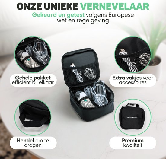 Vulpes Goods® HealthCare - Aerosolgerät - Ultraschallvernebler Inhalator - Vernebler - Inhalator für Kinder, Erwachsene und Babys - Wiederaufladbar - 2 Modi - Hilft gegen Atemwegserkrankungen - Inkl. 4 Düsen & Deluxe Reiseetui
