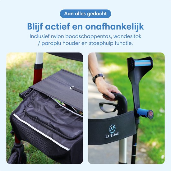 Safe Life® Rollator - Leicht und faltbar - Sitzfunktion - Für den Innen- und Außenbereich - Rückenlehne und Gehstockhalterung - Rot