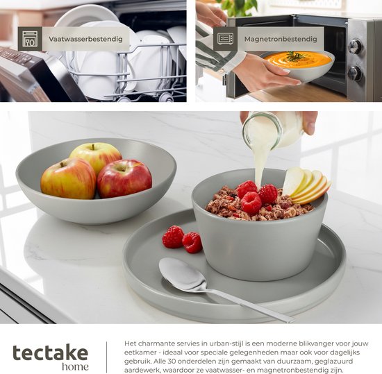 tectake® Geschirrset Una – 30-teilig – Steingut – für 6 Personen – stilvolles und langlebiges Geschirr – Set mit großen und kleinen Tellern, Schüsseln, Schälchen – Tassen – grau