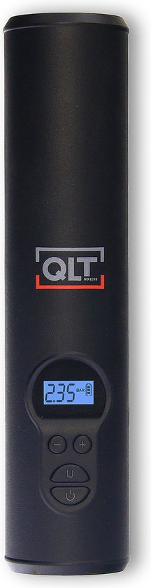 QLT Wireless Air Compressor mit LED-Beleuchtung - Elektrische Pumpe - Inklusive USB-Ladekabel und 4 Aufsätze - 10,3 Bar - LCD-Display - Schwarz