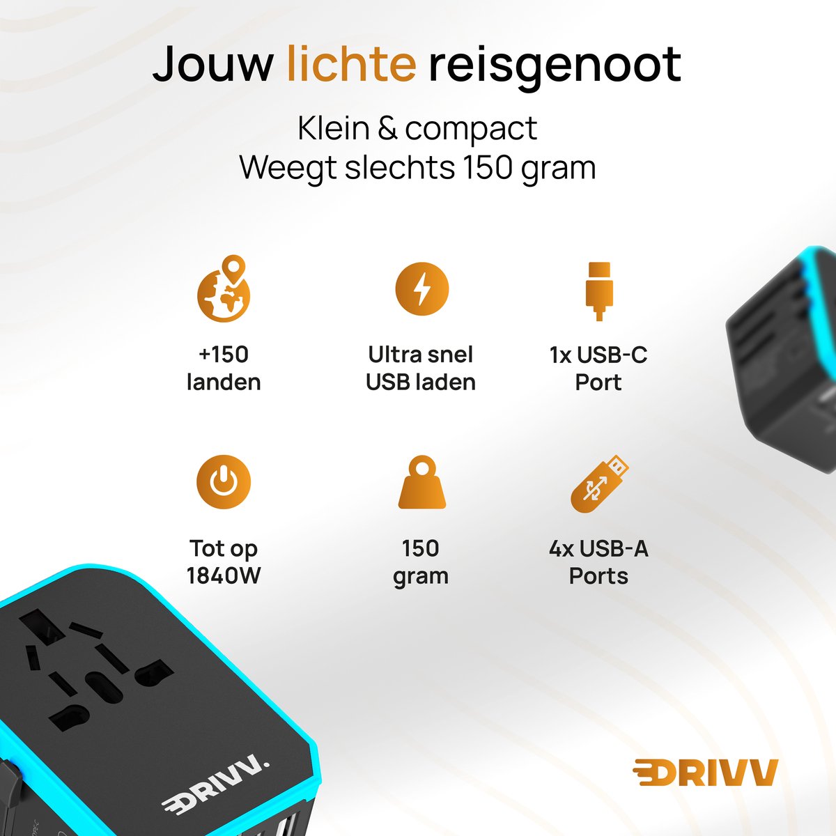 Drivv. Universeller Weltstecker – 4x USB & 1x USB-C-Schnelllade-Reiseadapter – Reisestecker für Amerika / England / Großbritannien / Kanada / Afrika / Japan / Mexiko / Thailand / Südamerika – Typ A, B, C, E, F, G, I, J, L, N – über 150 Länder – Reiseadapt