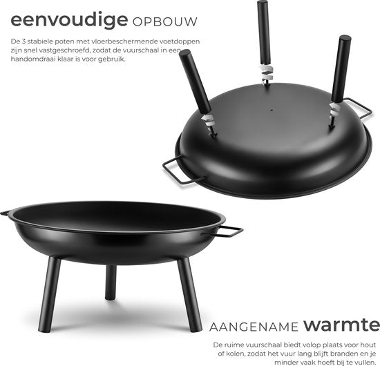 tectake® Feuerkorb Diablo – Hitzebeständiger Stahl – Feuerschale mit Feuerzange – Ø 57,5 cm – Gartenkamin – Stimmungsfeuer für den Außenbereich – Mit Griffen und Wasserablauf – Für Brennholz und Holzkohle