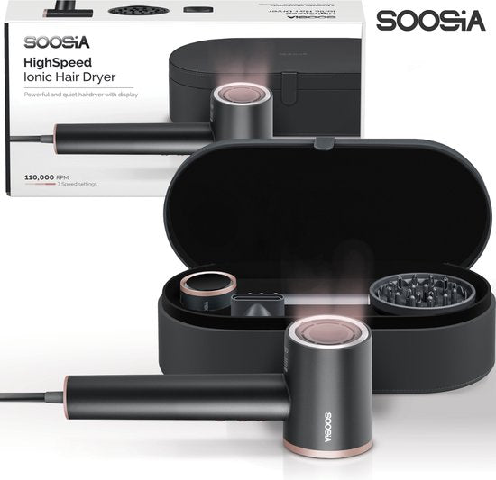 Soosia HighSpeed Ionic Hairdryer mit Display - HeatProtect Autocare - Haartrockner mit Diffusor - Coolshot - 110.000 RPM