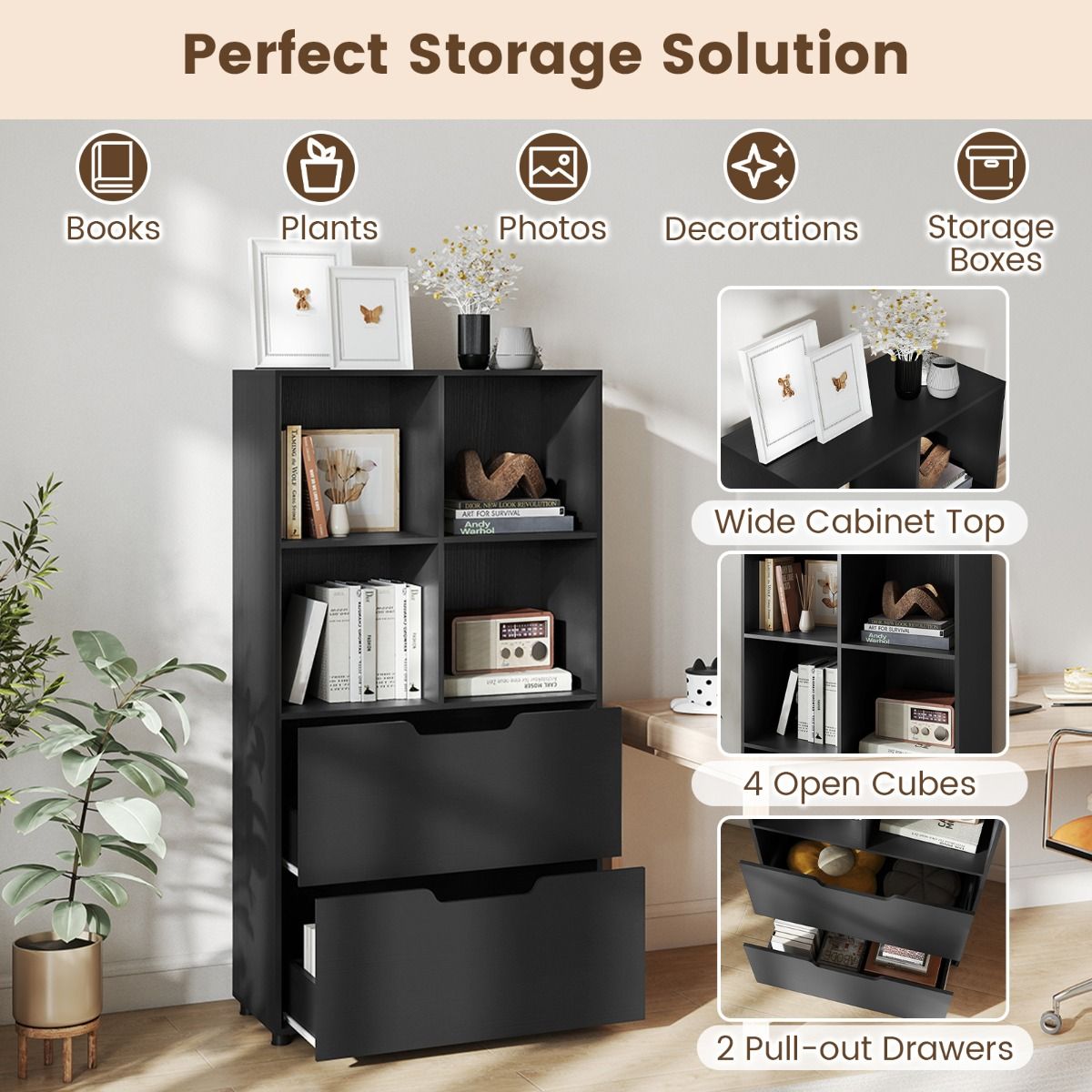 Coast Bücherregal – vier offene Einlegeböden – zwei große Schubladen – schwarz – 70 x 33,5 x 130 cm