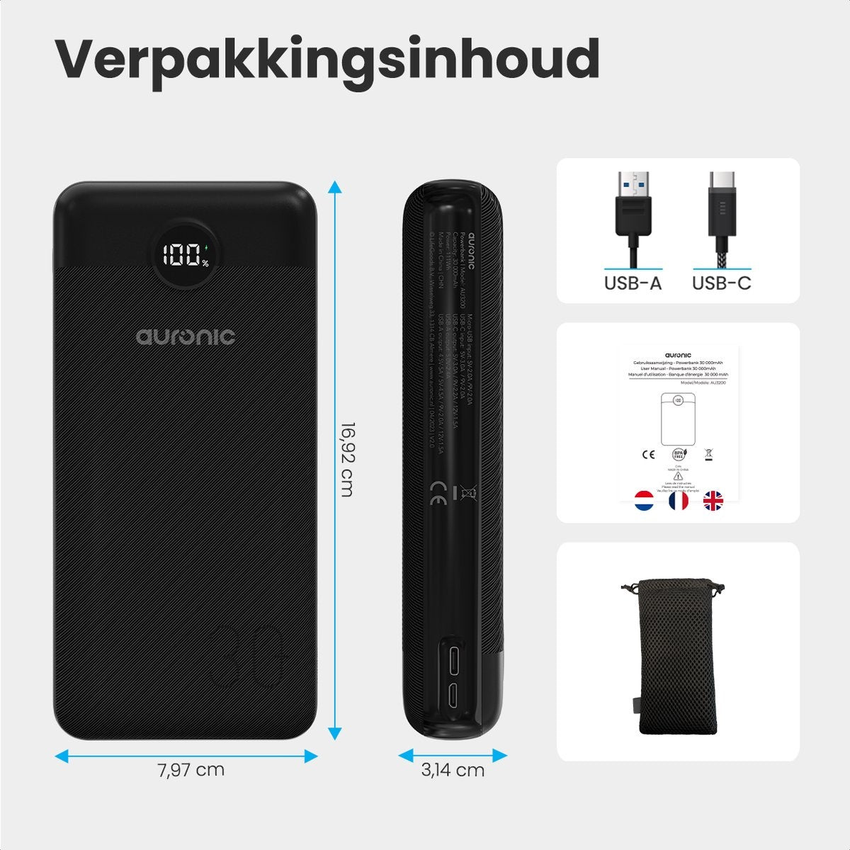 Auronic Powerbank - 30.000 mAh - 4 Ladeanschlüsse - Schnellladefunktion - USB/Micro-USB/USB-C - Schwarz