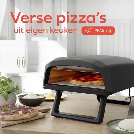 KitchenBrothers Pizzaofen - Elektrisch - Tischmodell - PFAS-frei - Zusammenklappbar - Pizzastein - Pizzabäcker - Pizzaofen für draußen und drinnen - Schwarz/Grau