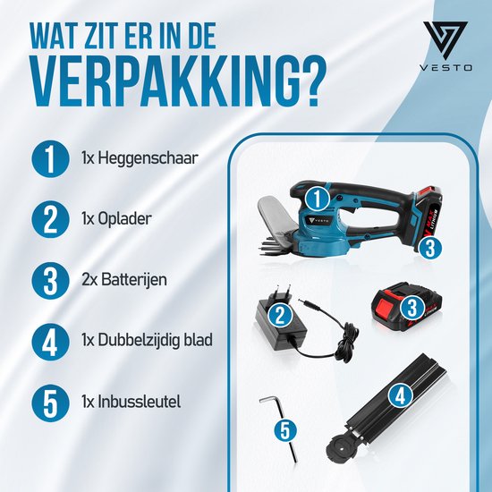 Vesto® Accu Heckenschere - Inkl. Buchsbaum- und Grasschneideblatt - Elektrische Grasschere - Akku-Schere - Heckenschere